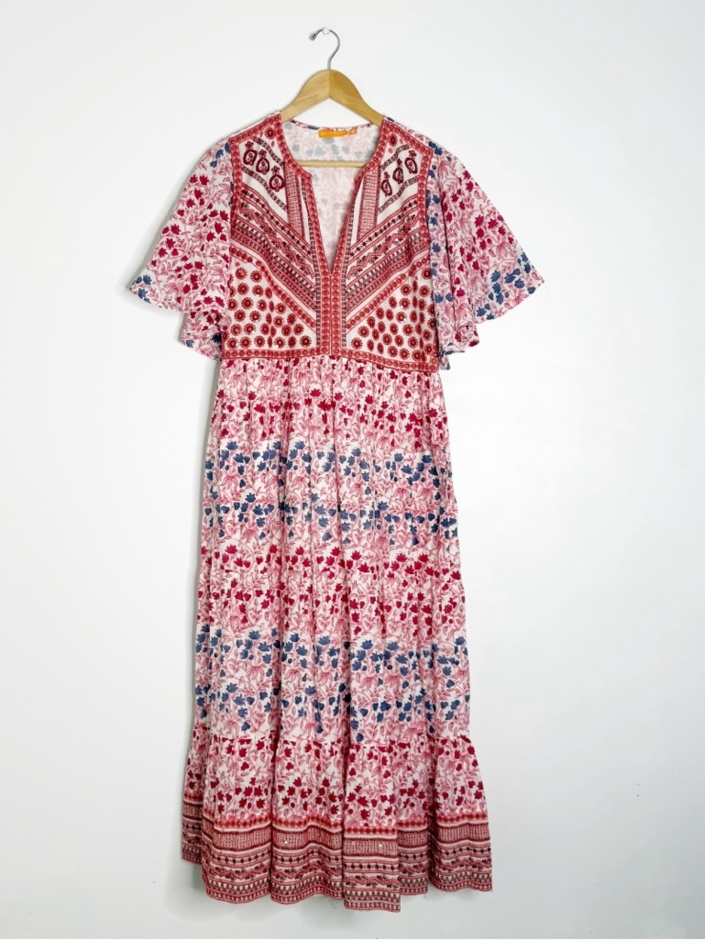 Oliphant Mendoza Flirty V-Neck Maxi Dress Coral Floral Medium 100% Cotton - Picture 2 of 7